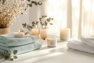 Conjunto de itens de spa com toalhas, velas e elementos decorativos em tons neutros, capturados com luz natural suave, criado com IA generativa.