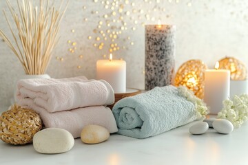 Conjunto de itens de spa com toalhas, velas e elementos decorativos em tons neutros, capturados com luz natural suave, criado com IA generativa.