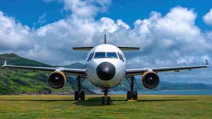 Naklejka premium A small cargo plane unloading its goods at a remote rural airstrip situated amidst a picturesque landscape of mountains hills and lush green fields under a dramatic cloudy sky