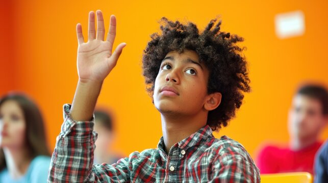 A classroom scene where a hyperactive student eagerly raises their hand to answer every question
