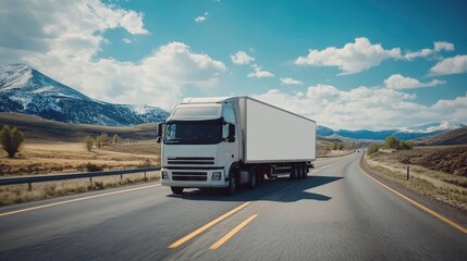 Obraz premium White Cargo Truck Driving on Road Through Scenic Mountain Landscape Under Clear Blue Skies with Patches of Clouds