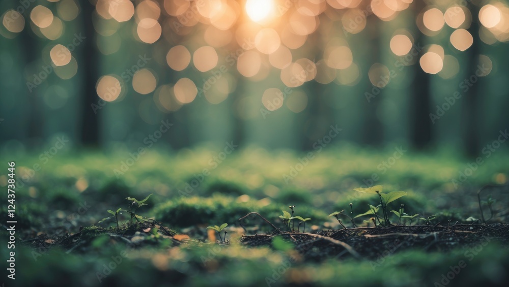 Poster serene forest bokeh background with soft focus and gentle light creating an inviting space for text 