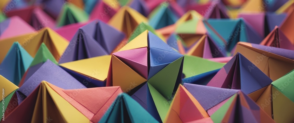 Poster vibrant handmade 3d origami modules in a colorful rainbow pattern showcasing intricate texture and p