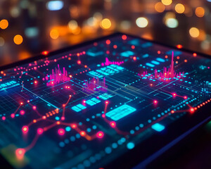 Fototapeta premium Futuristic data visualization on tablet with glowing graphs