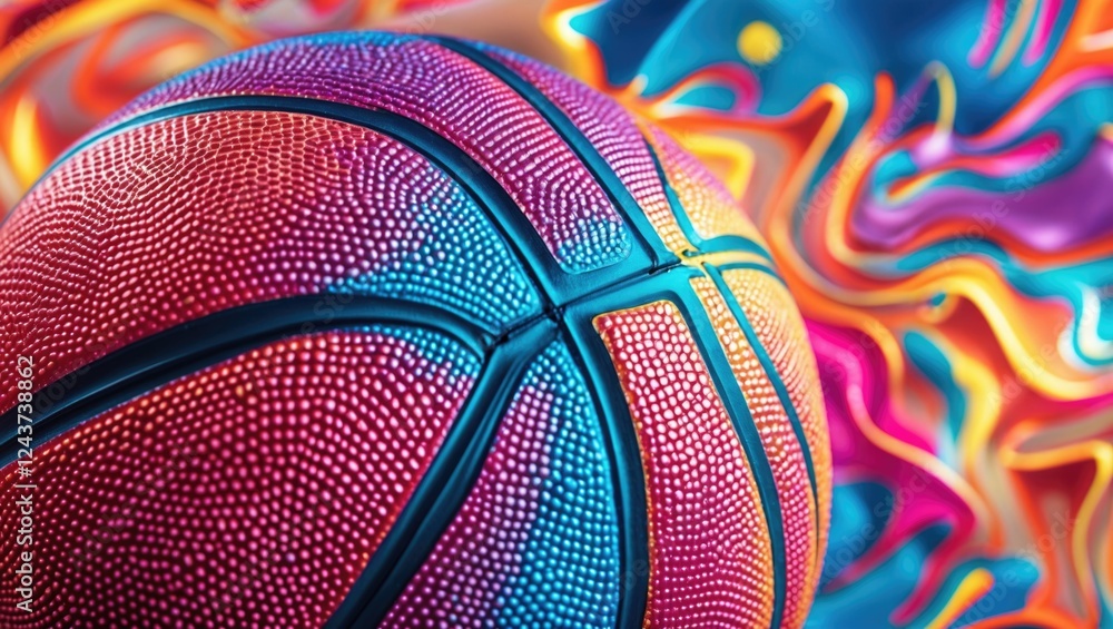 Poster vibrant close-up of a basketball texture with a colorful abstract background showcasing dynamic patt