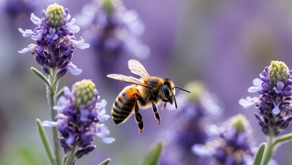 Bee Pollinating Vibrant Purple Flowers in Bloom with Soft Focus Background of Lavender Botanicals