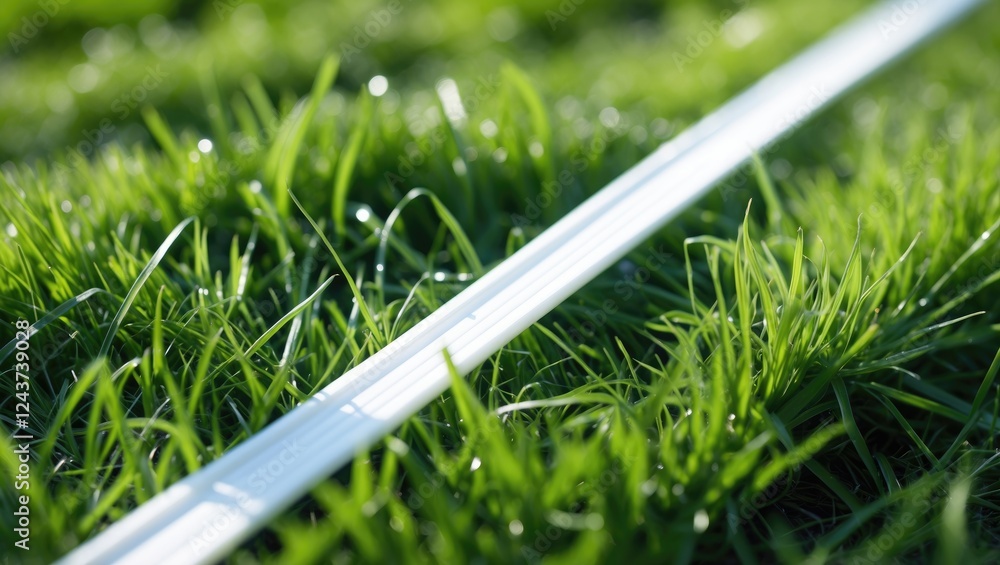 Poster closeup of a white line on green grass with dew droplets and ample empty space for text in a natural