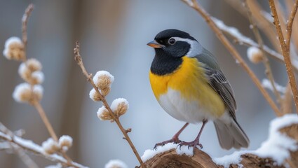 Fototapeta premium Vibrant Great Tit perched on a snowy branch showcasing its colorful plumage in a serene winter setting