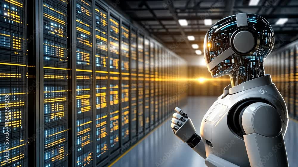 Poster a humanoid robot interacts with data servers, highlighting the future of automation and information 