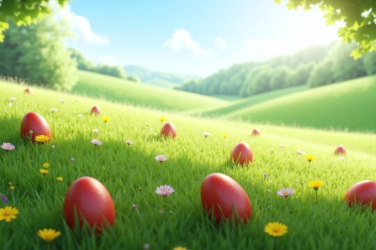 serene landscape with red Easter eggs on rolling green hill