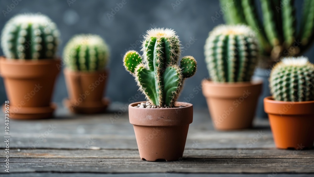 Poster cactus in small pot on wooden surface with blurred background and empty space for text in plant arra
