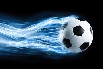 Fototapeta premium A dynamic soccer ball zooms through the air, leaving a trail of blue light, symbolizing speed and energy in the sport.