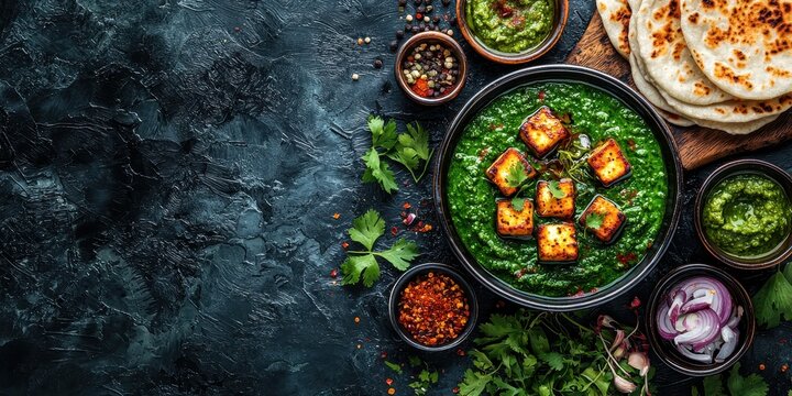 A richly garnished glowing bowl of palak paneer with soft paneer cubes immersed in smooth green spinach curry, served with a side of tandoori roti. The contrasting colors highlight the richness 