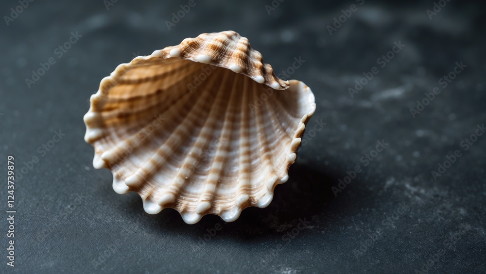 Poster beige seashell with stripes on dark background selective focus highlighting natural texture and shap