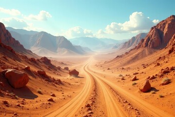 Fototapeta premium Dusty terrain stretches towards distant mountains, dust, rugged