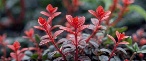 Close-up of vibrant red purslane plants showcasing lush foliage in a tropical setting in Parepare Indonesia