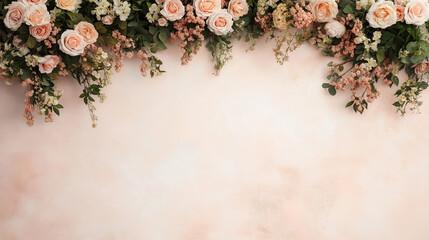 Peach Roses Floral Border: A delicate arrangement of peach-colored roses and greenery creates a charming border across the top of a soft blush pink background, perfect for invitations, announcements.