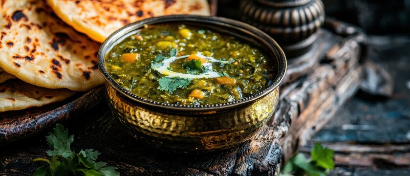 A rustic scene of glowing methi malai matar curry served in a brass bowl, garnished with cream and coriander, accompanied by hot tandoori rotis. The rich green curry contrasts beautifully with 