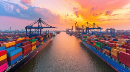 Aerial view of a large cargo ship docking at a bustling industrial harbor during a vibrant sunset  Cranes containers