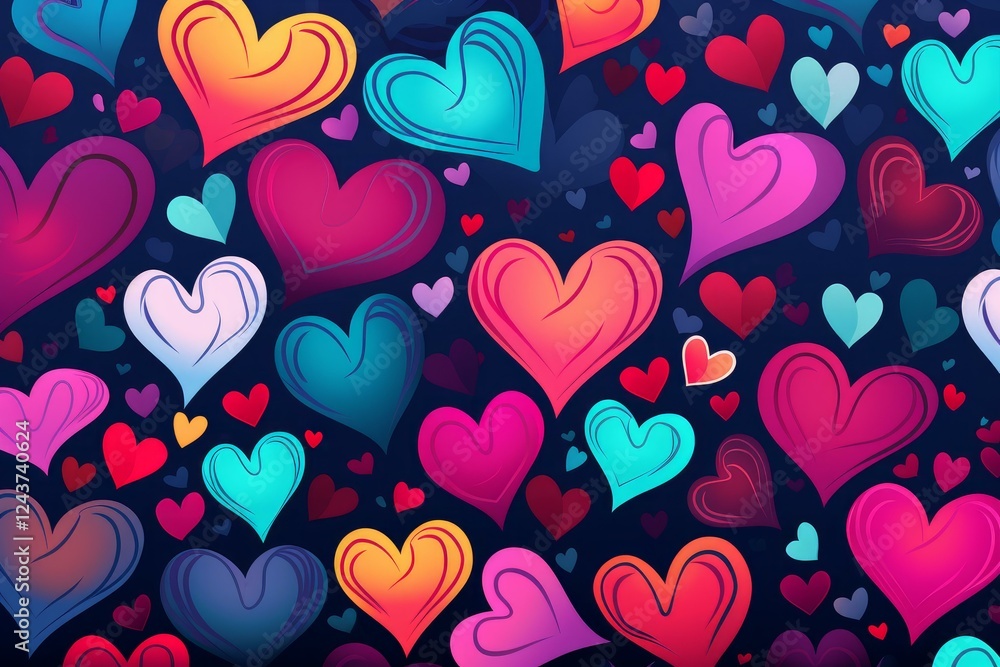 Poster multicolored hearts create a lively and dynamic pattern against a dark backdrop