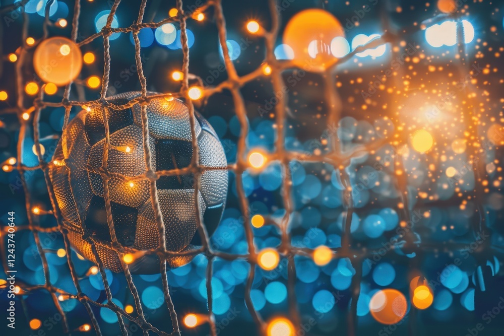 Poster a close-up of a soccer ball caught in a net, surrounded by colorful, glowing lights that create a fe