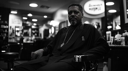 Fototapeta premium Handsome older man sits in a barber chair in the stylish barber salon. hairstyle content