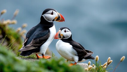Atlantic Puffins Adult and Chick Nesting on Coastal Grass with Natural Background and Space for Text