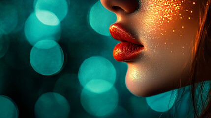 Close-up of a woman's face with glowing golden sparkles on her skin, illuminated by vibrant bokeh lights, symbolizing luxury, beauty, and glamour