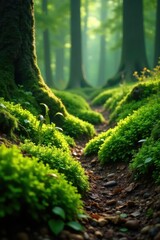 Fototapeta premium Moss grows in dense thicket on the forest ground, plant life, greenery