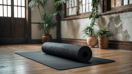 Yoga mat in a serene studio setting with plants and wooden flooring, showcasing wellness and mindfulness in a relaxing environment.