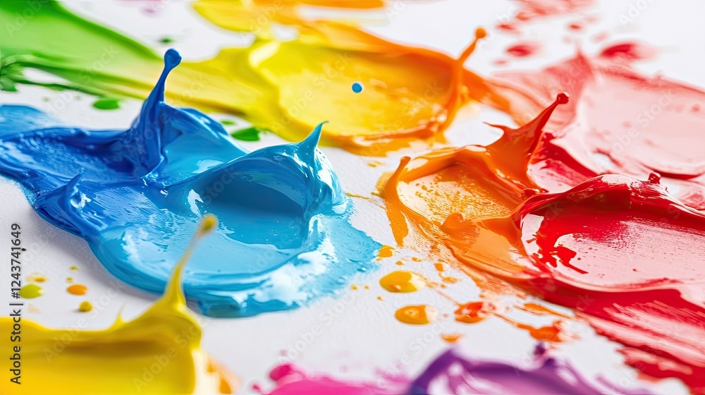 Poster close-up of bright colorful paint splashes randomly spread across a white canvas
