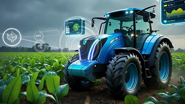 Futuristic Smart Tractor with Digital Farming Technology Operating in a Green Agricultural Field with Data Interfaces

 - Powered by Adobe