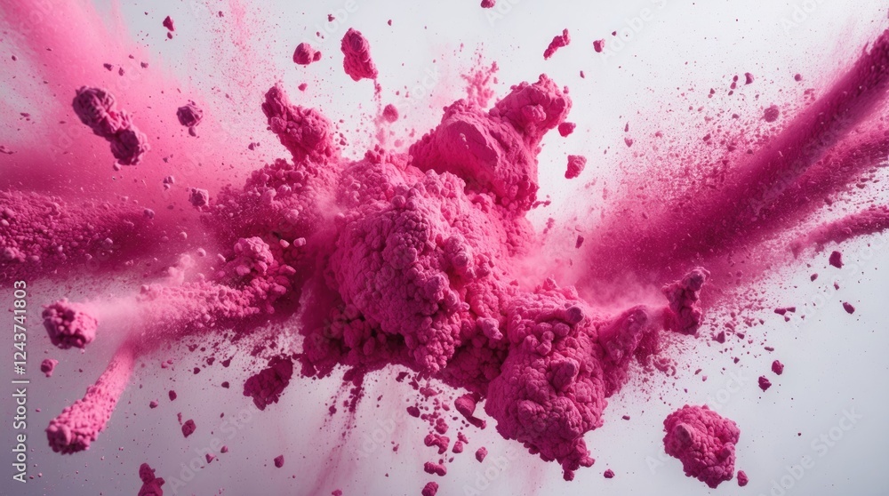 Poster vibrant pink powder explosion creating abstract texture on a light background, capturing dynamic mot