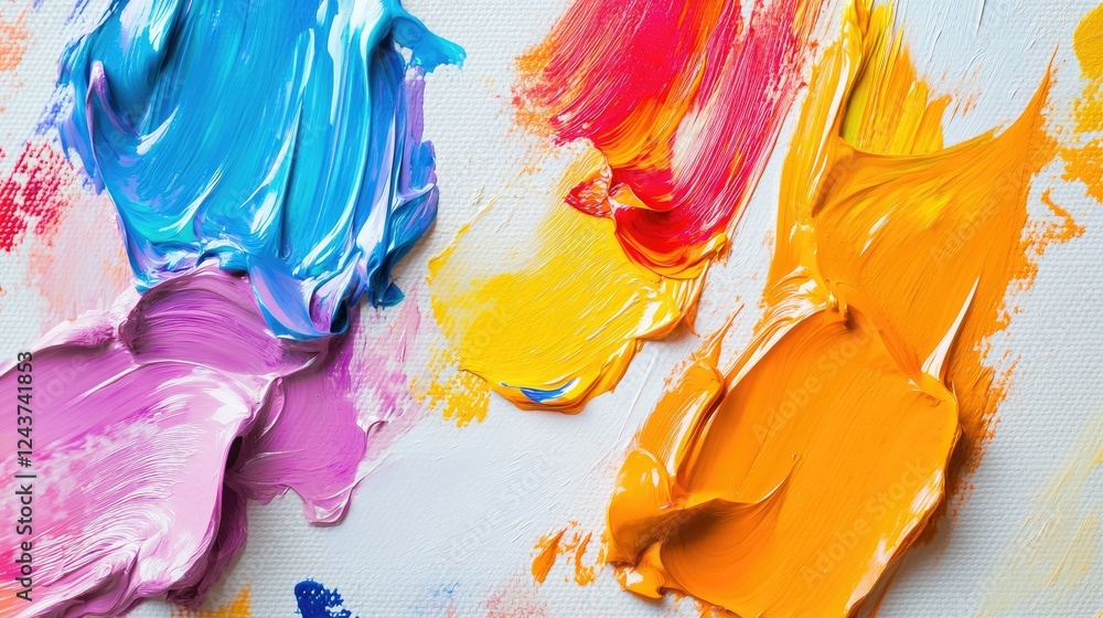 Poster close-up of bright colorful paint splashes randomly spread across a white canvas