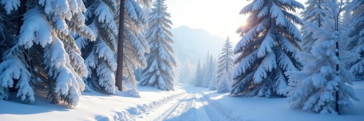 Snow-covered trees with branches heavy with weight, cold climate, frosty branches