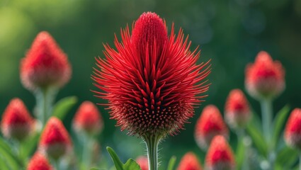 Vibrant red cockscomb flower with spiky texture vividly contrasts against a blurred green background showcasing nature's unique beauty.