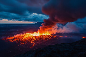 Fototapeta premium Volcanic eruption, lava flows and smoke