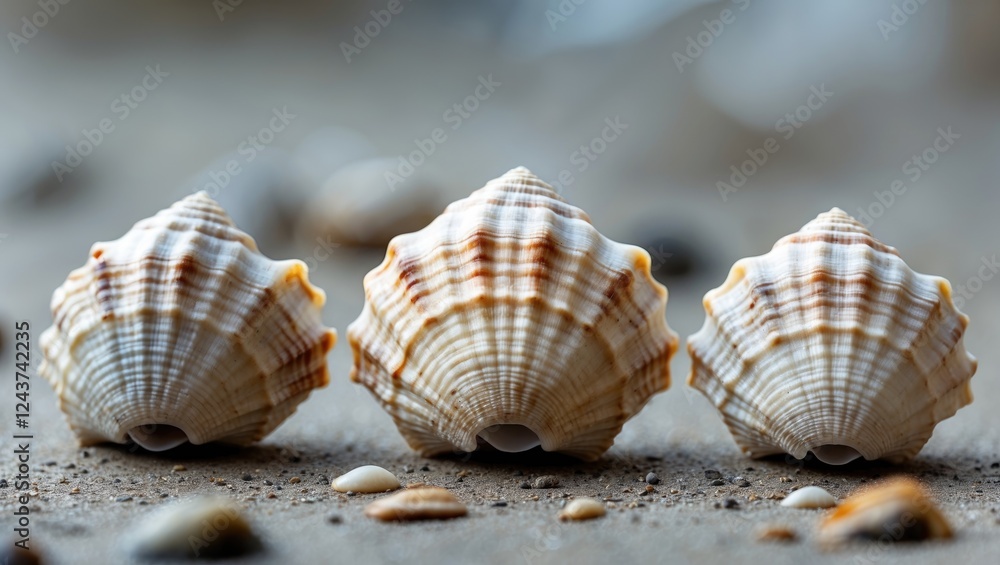 Poster three whelk shells arranged on sand with ample copy space for text display in natural coastal settin