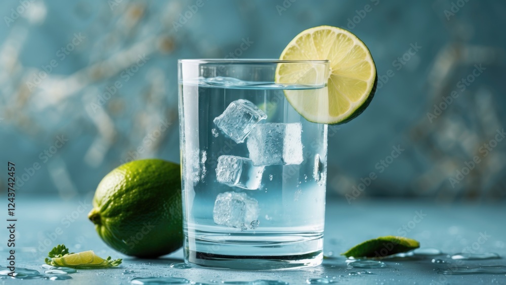 Poster refreshing glass of chilled water with lime slices and ice cubes placed on a soft blue backdrop perf