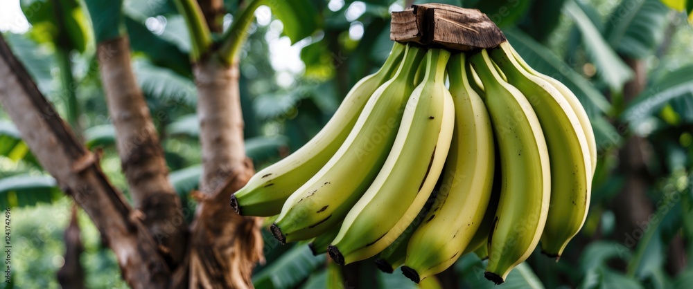 Poster fresh green bananas hanging on a tree with lush foliage and blank space for text background in a tro