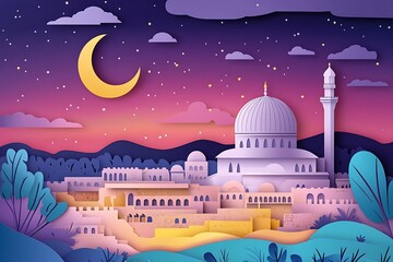 Obraz premium A Nighttime Paper-Cut Illustration of Jerusalem's Dome of the Rock