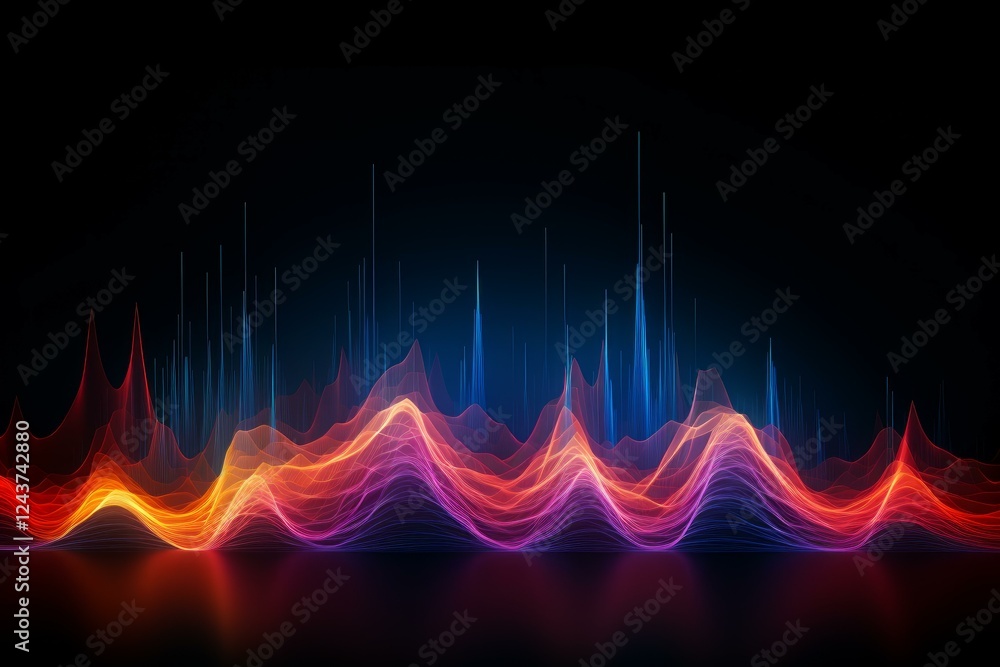 Poster dynamic waves of light creating a vibrant, colorful spectrum on a dark background