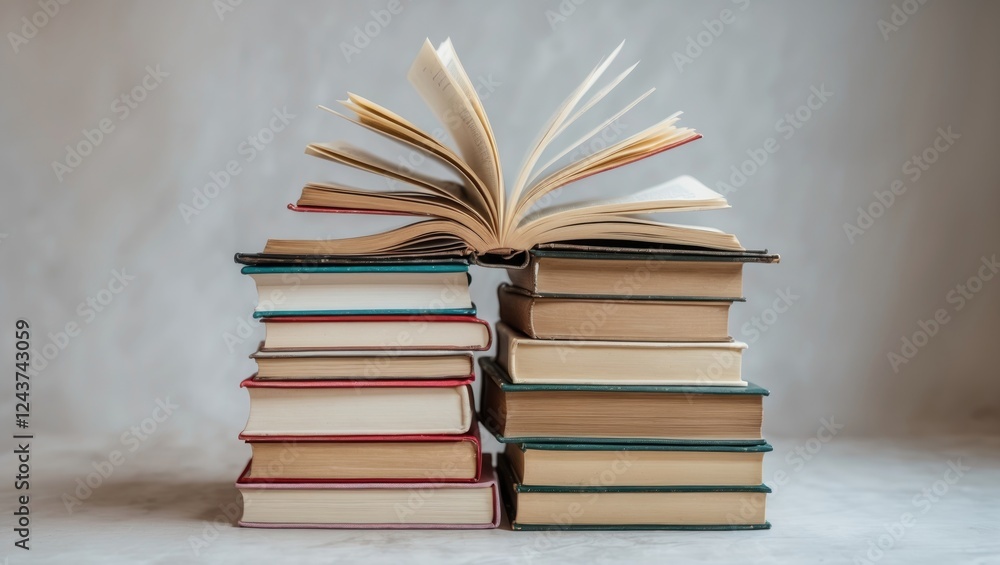 Poster stack of colorful books with an open book on top symbolizing reading learning and the joy of knowled