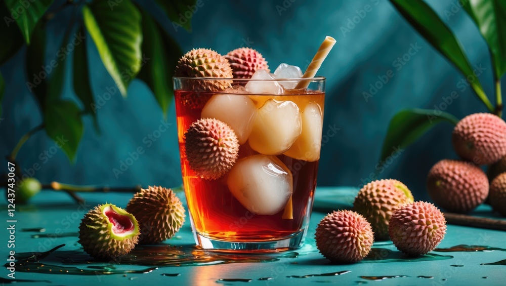 Poster Iced tea with lychee fruit and ice cubes in a glass on a vibrant teal background with decorative fruits and empty space for text.