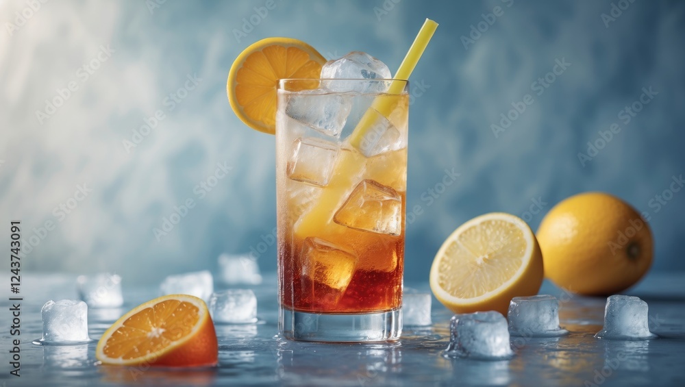 Poster iced cocktail with citrus and ice cubes. refreshing summer beverage in vertical orientation with cop