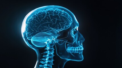 Obraz premium X-ray of a fractured skull with an overlay of brain tissue mapping --ar 16:9 --quality 2 --profile yrzcmv2 --v 6.1 Job ID: bf6de7dc-f091-4d92-87ce-f7824602780e