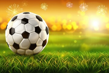 Fototapeta premium A vibrant soccer ball rests on lush green grass, illuminated by a warm sunset, creating an energetic and inviting atmosphere.