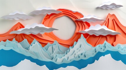 Obraz premium Abstract paper cutout art of mountains and clouds stock photo --ar 16:9 --style raw --v 6 Job ID: 3f58dd27-6a54-45d3-8112-52c6917093db