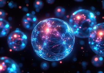 A scientific fantasy scene depicting a glowing virus particle surrounded by colorful orbs.