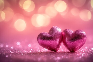 Fototapeta premium Romantic Pink Hearts on Glittering Background